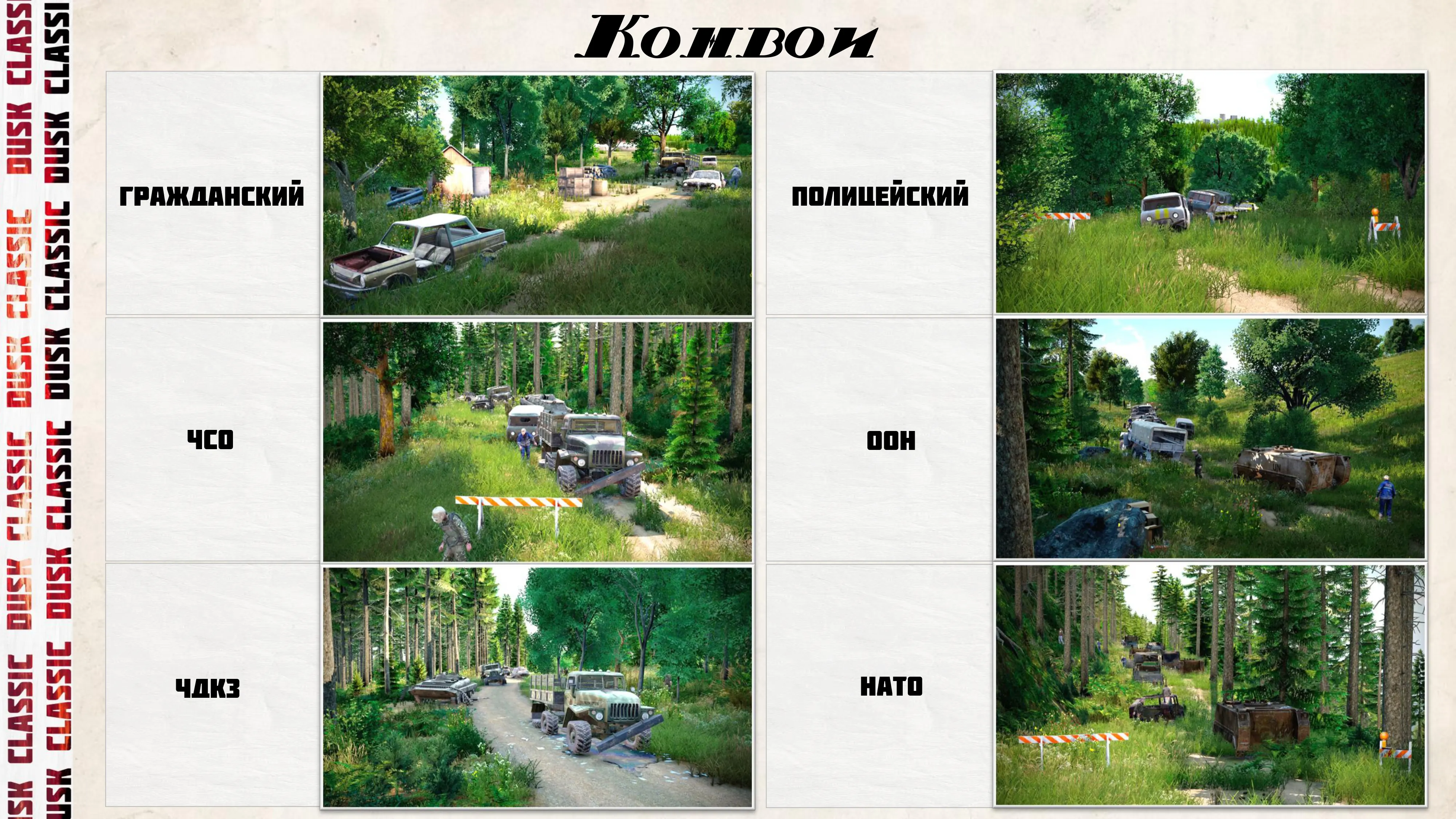 Схема разновидностей конвоев: гражданский, полицейский, ЧСО, ООН, ЧДКЗ и NATO