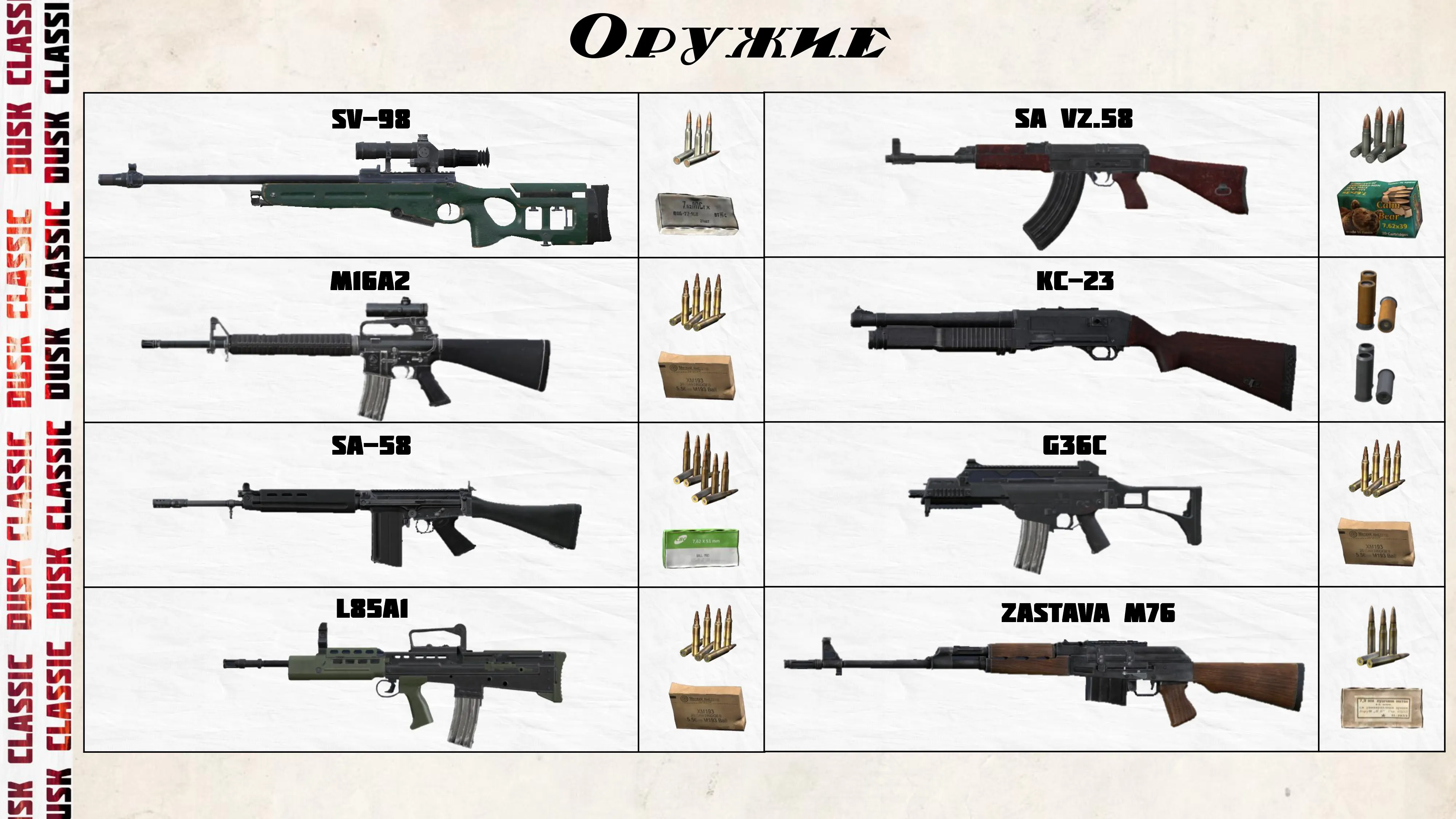 Схема оружия: Маузер 98K, RPK74, Zastava M57A, RPK, Ли-Энфилд No.4, PSG-1, FN FAL и ПБ